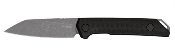 Black-handled fixed blade knife on white background