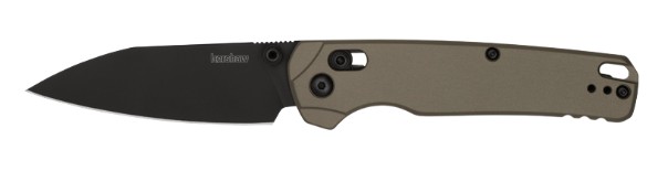 Black folding knife with tan handle