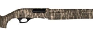 Camouflage pump-action shotgun on white background
