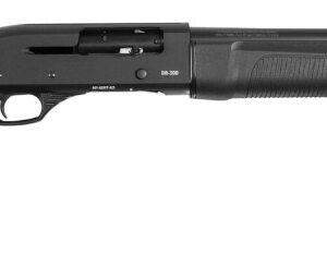 Black pump-action shotgun on white background