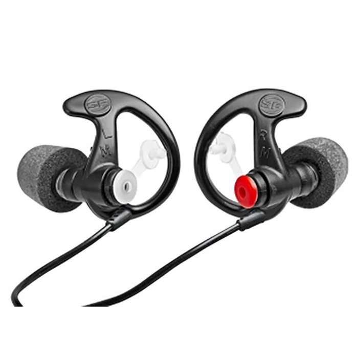 Black wired sports earbuds with ear hooks