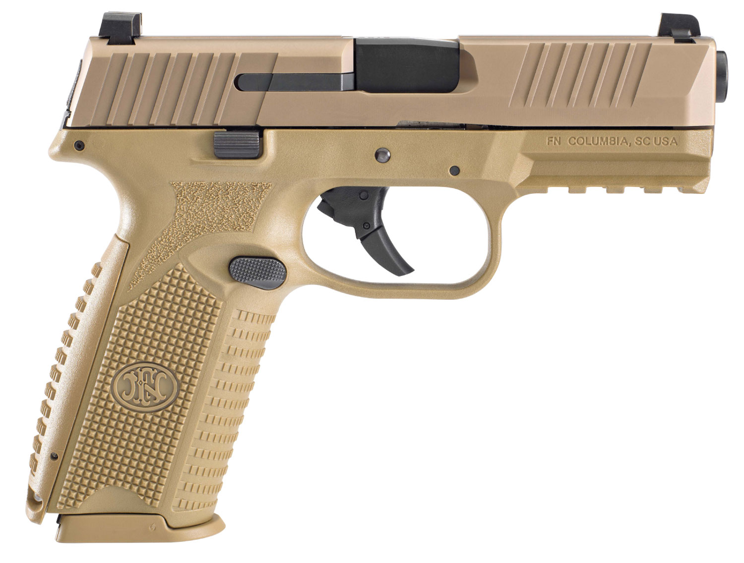 Tan semi-automatic pistol on white background