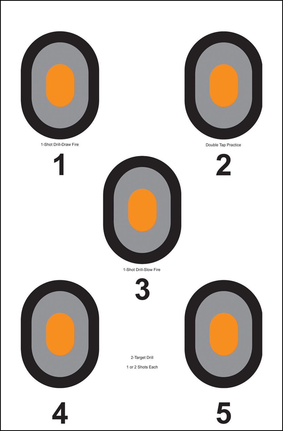 Printable shooting drill targets with five silhouettes