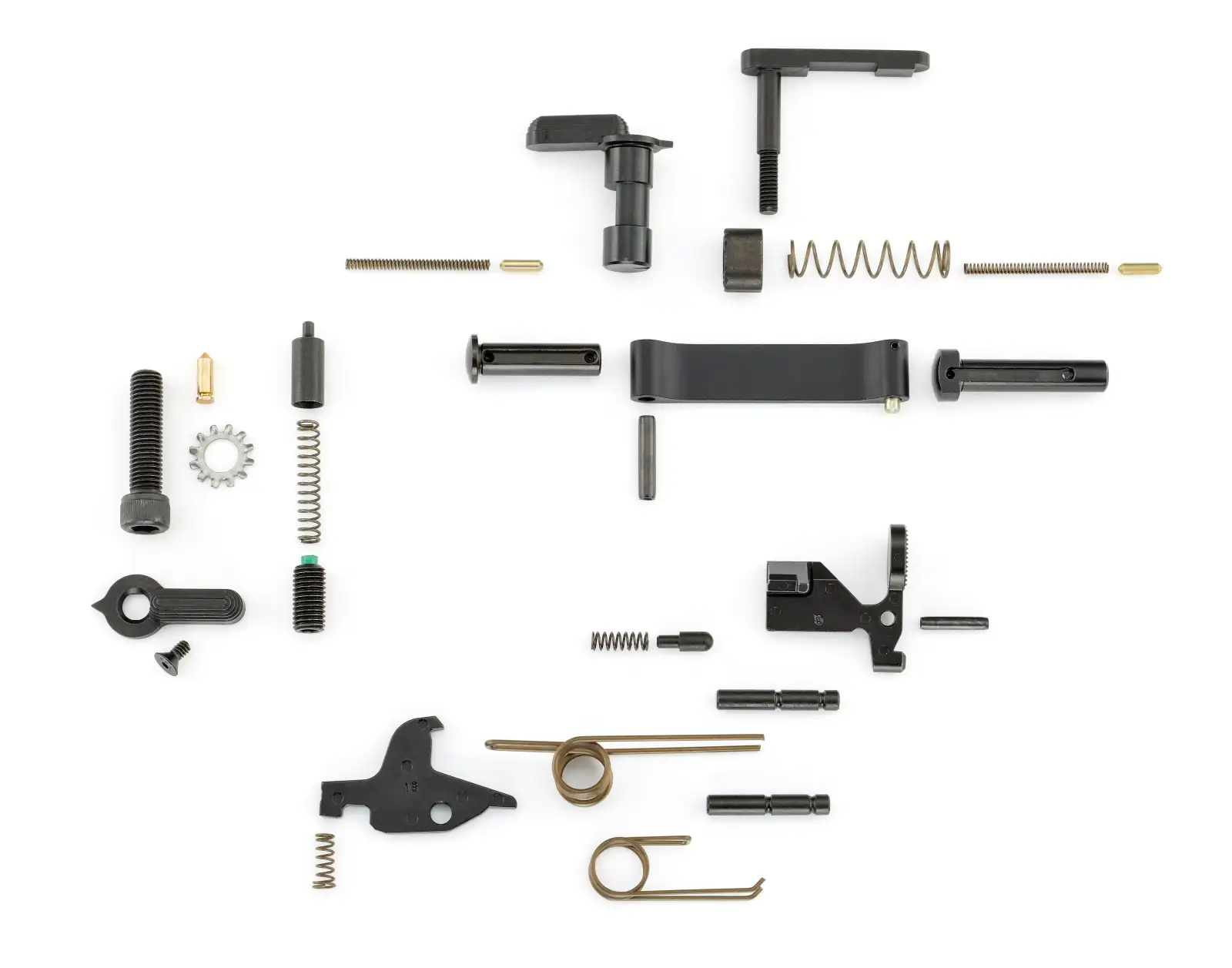 Disassembled firearm trigger and internal components
