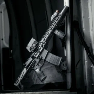 Modern tactical rifle inside vehicle compartment