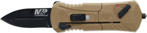 Black blade OTF knife with tan handle