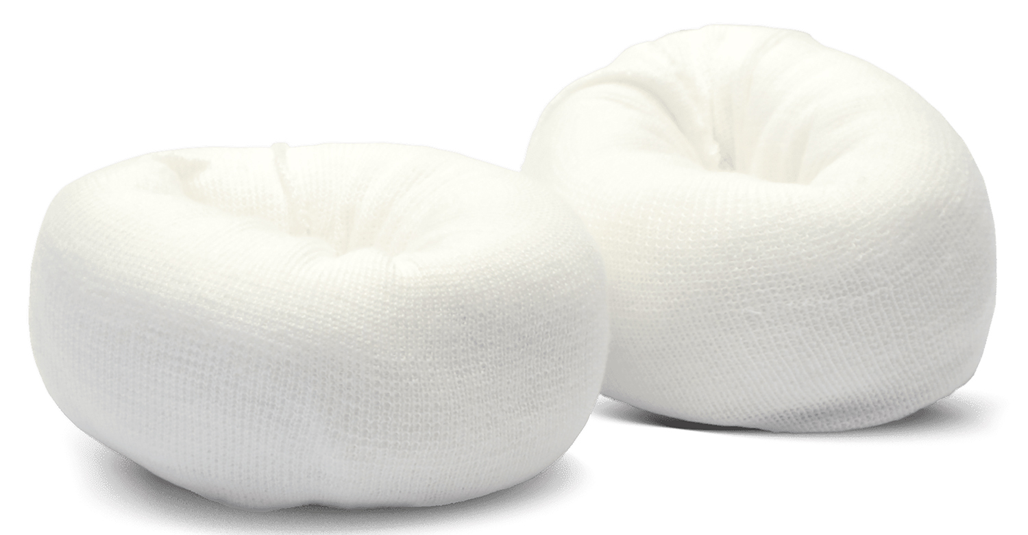 Two white rolled gauze bandages on white background