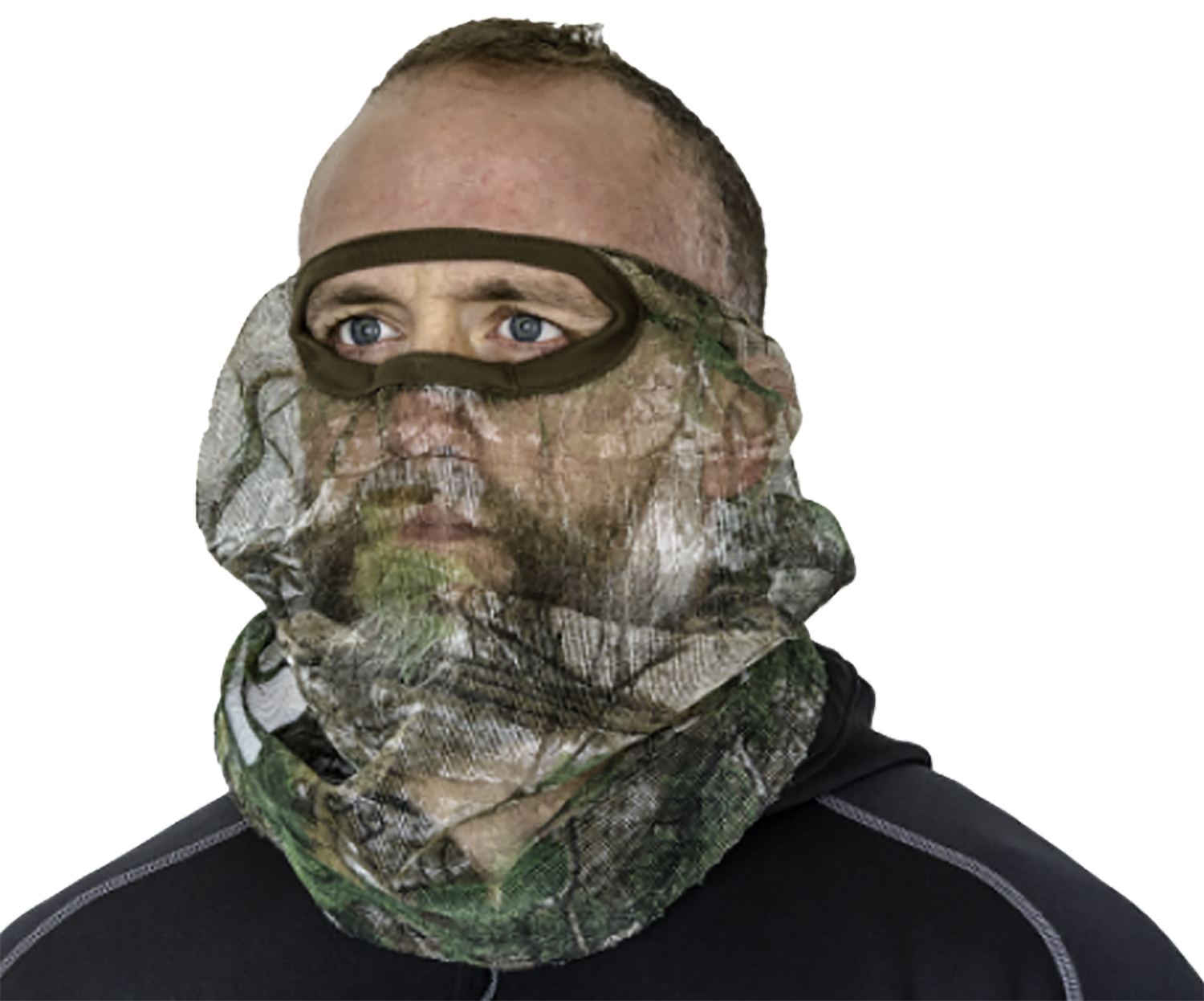Man wearing camouflage face mask and hood