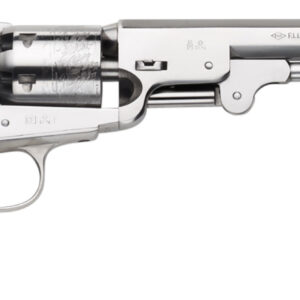 Silver revolver with wooden grip on white background