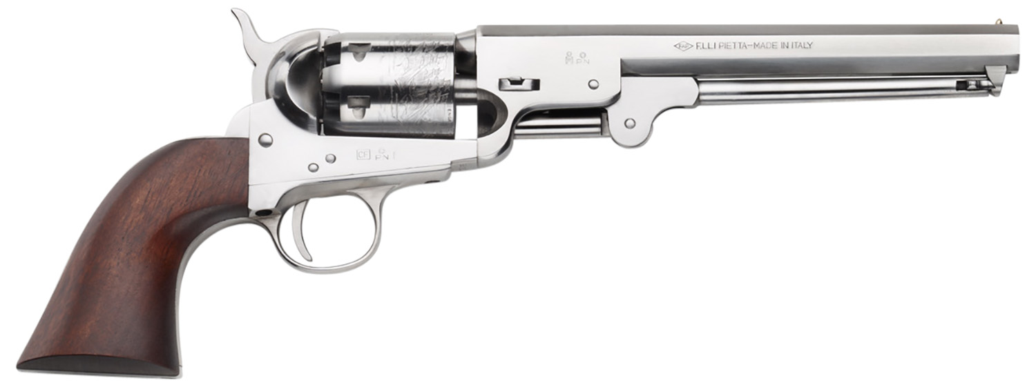 Silver revolver with wooden grip on white background