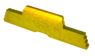 Gold metal machined tool component with engraved logo