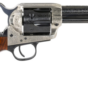 Engraved revolver with wooden grip on white background