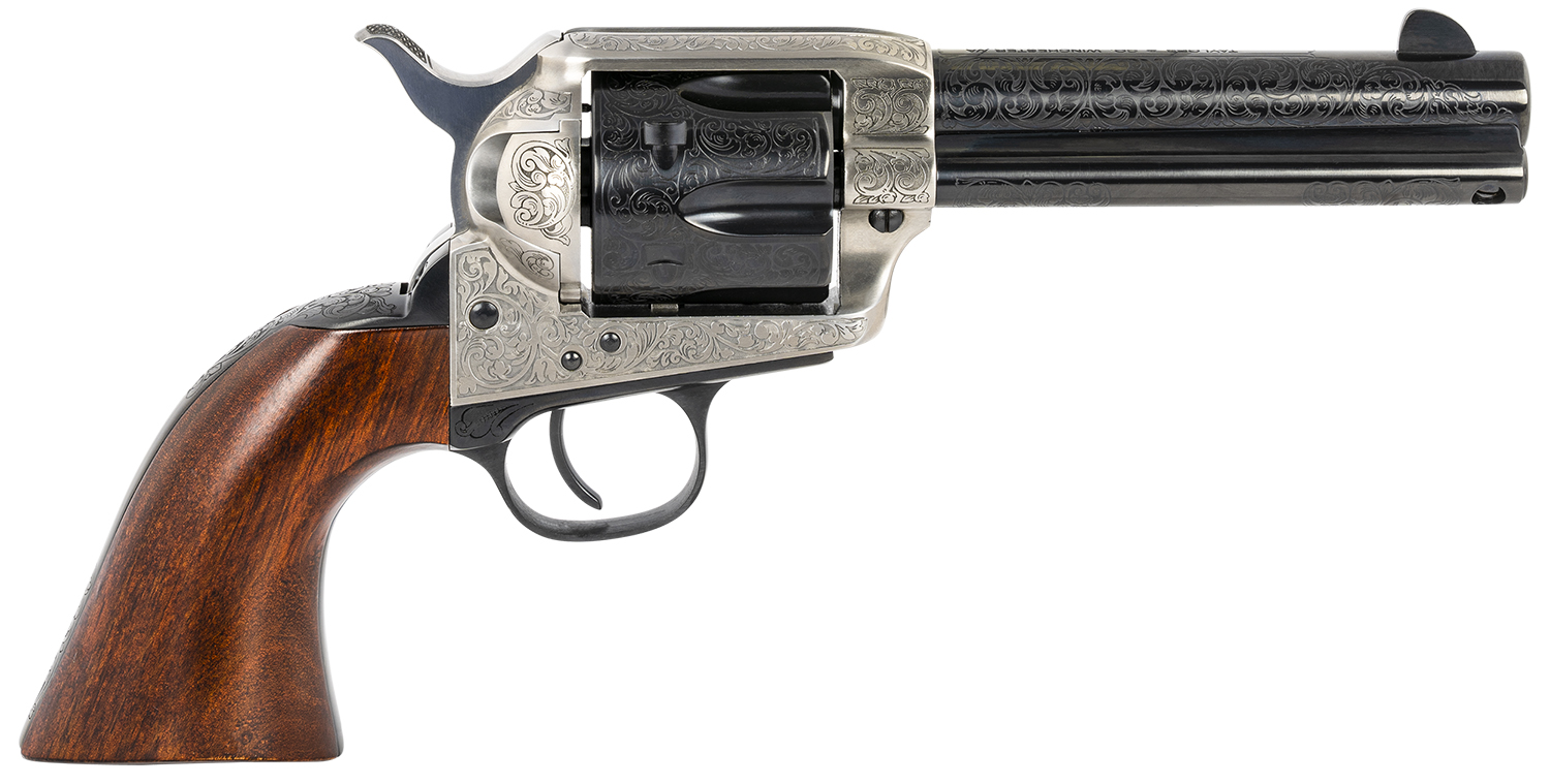 Engraved revolver with wooden grip on white background