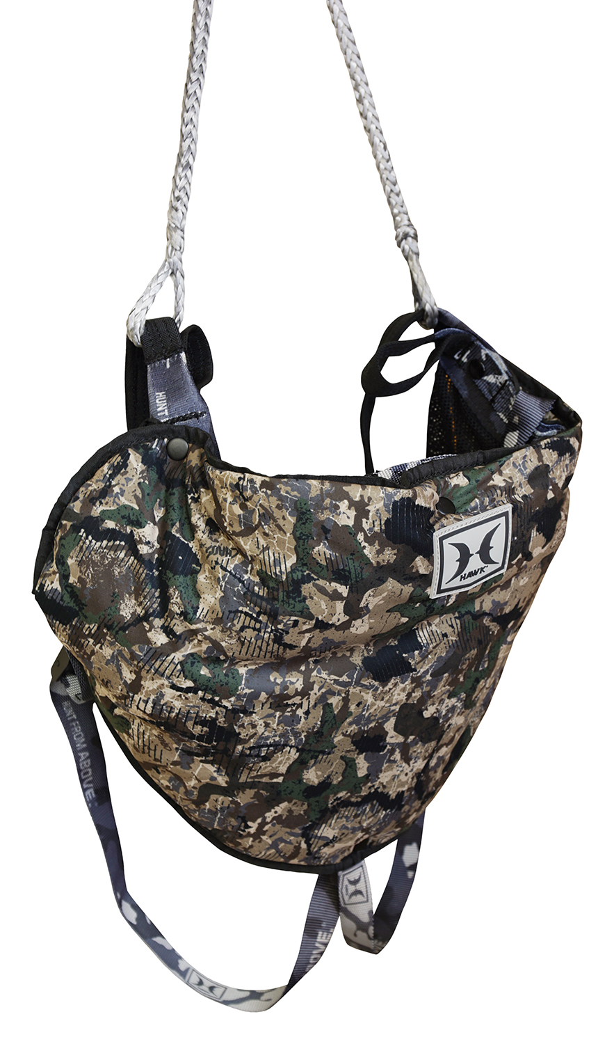 Camouflage hunting gear bag with rope straps