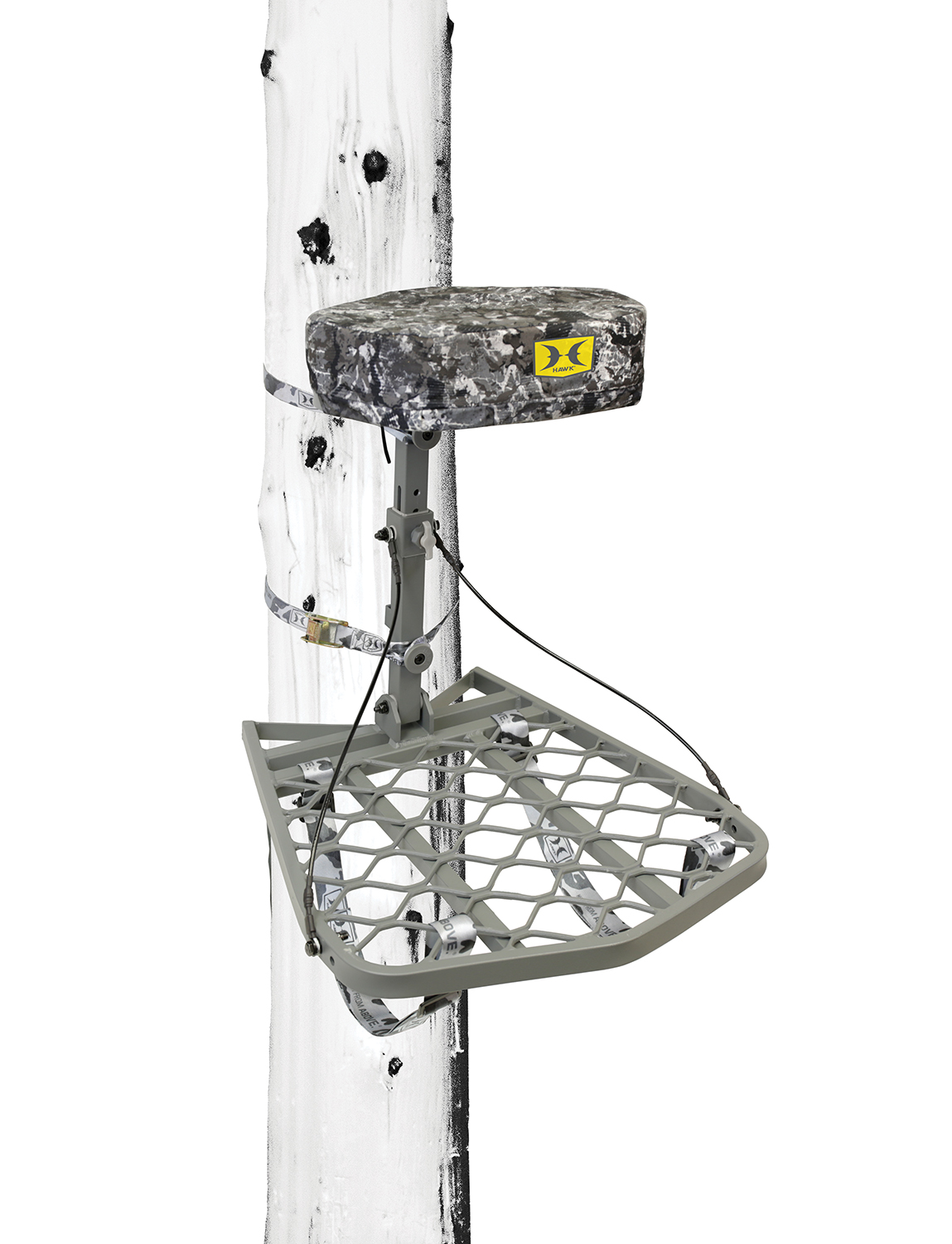Camouflage hunting tree stand with seat and platform