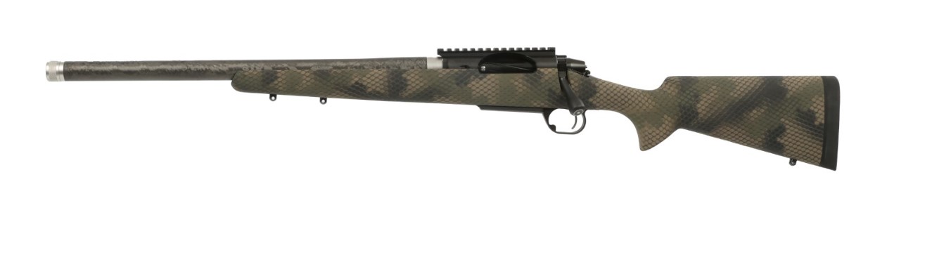 Camouflage bolt-action rifle on white background