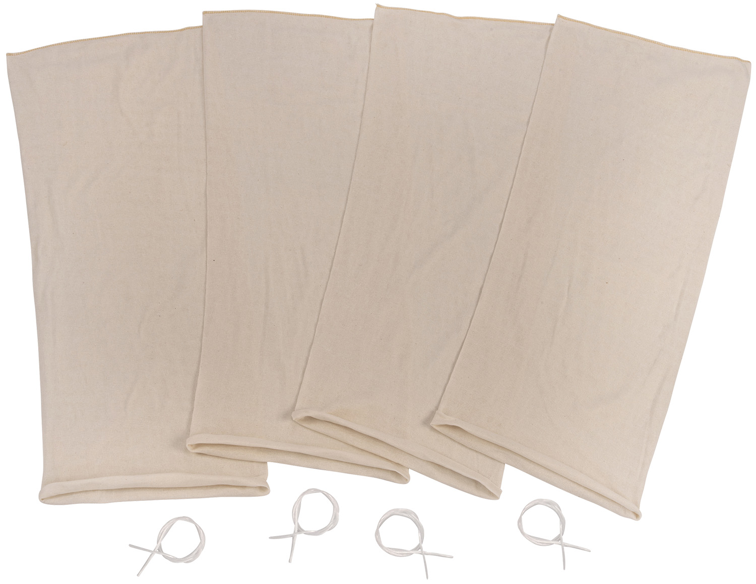 Four beige reusable fabric bags with drawstrings