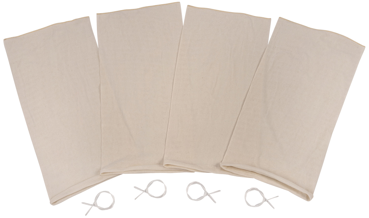 Four blank canvas drawstring bags with cords