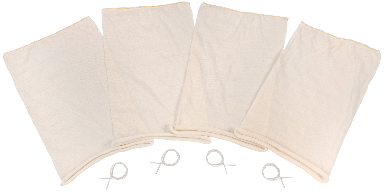 Five beige fabric bags with drawstring ties
