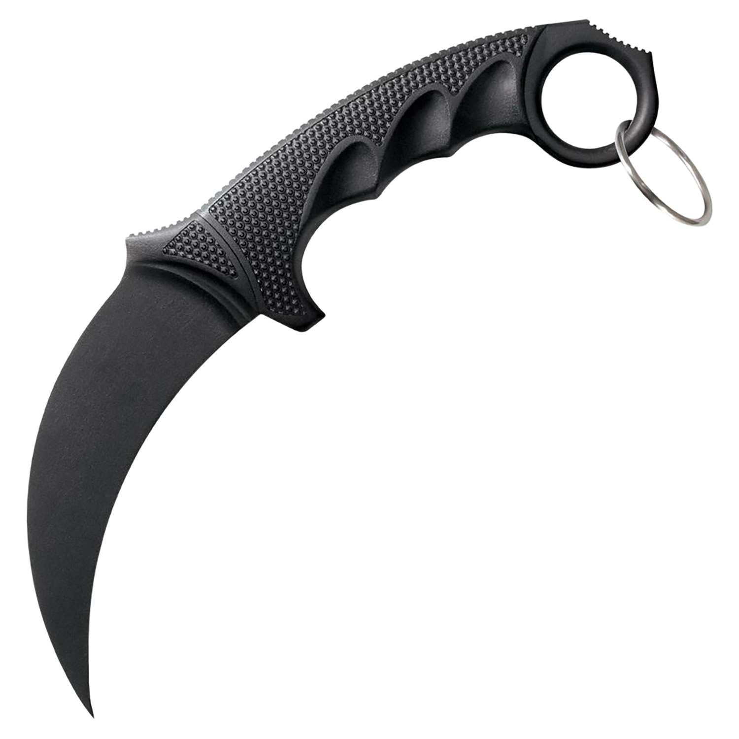 Black karambit knife with curved blade and ring