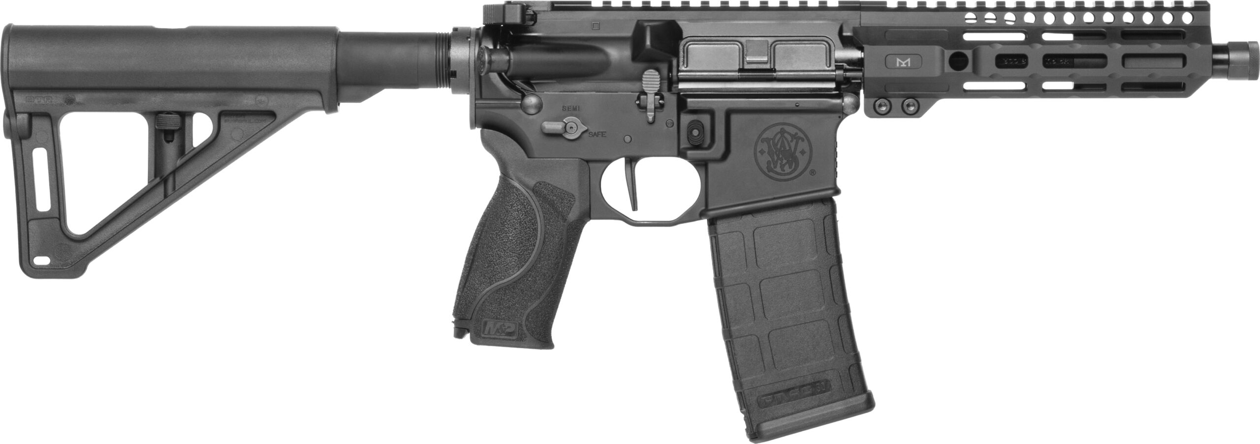Black AR-15 style semi-automatic rifle