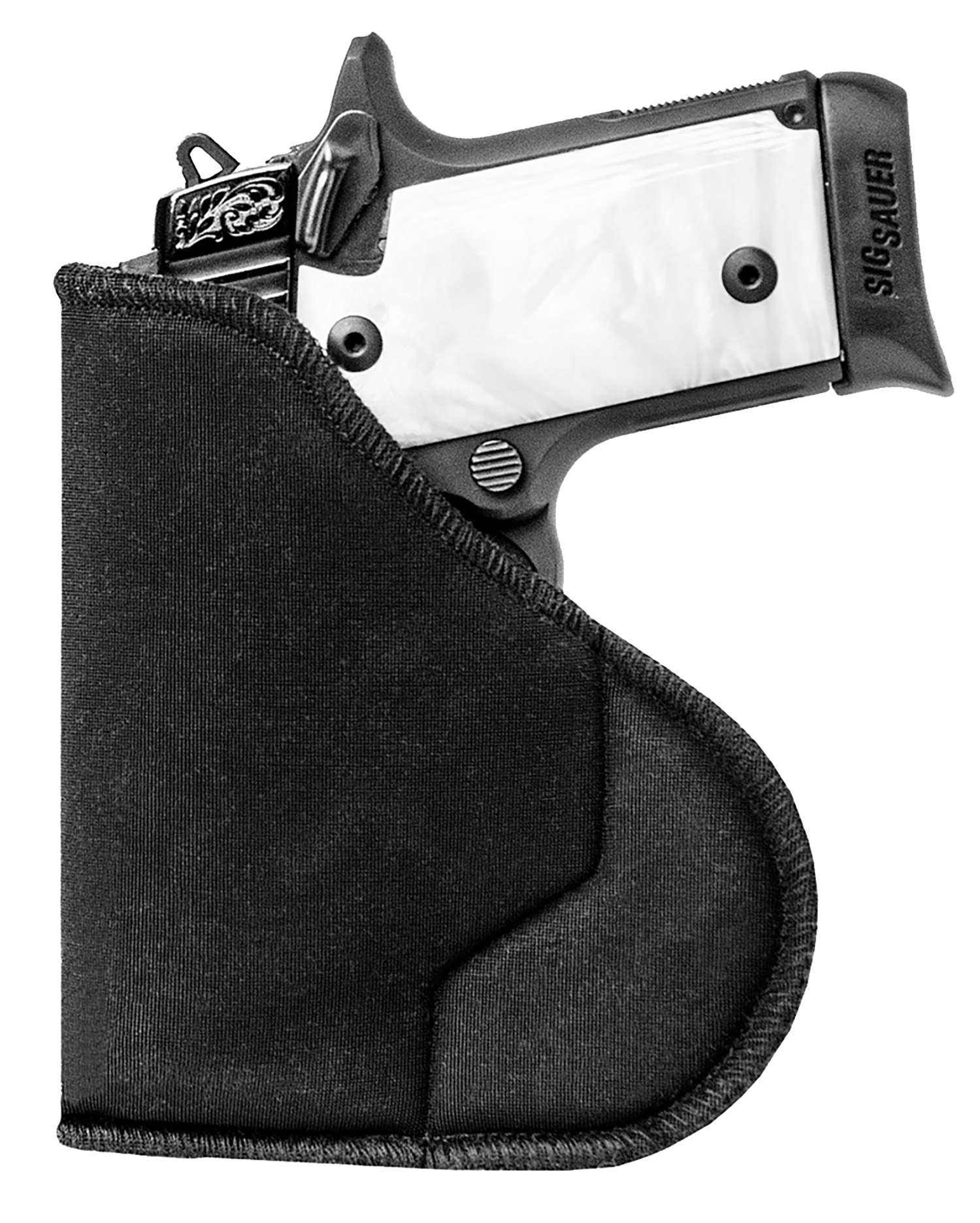 Handgun partially drawn from black holster