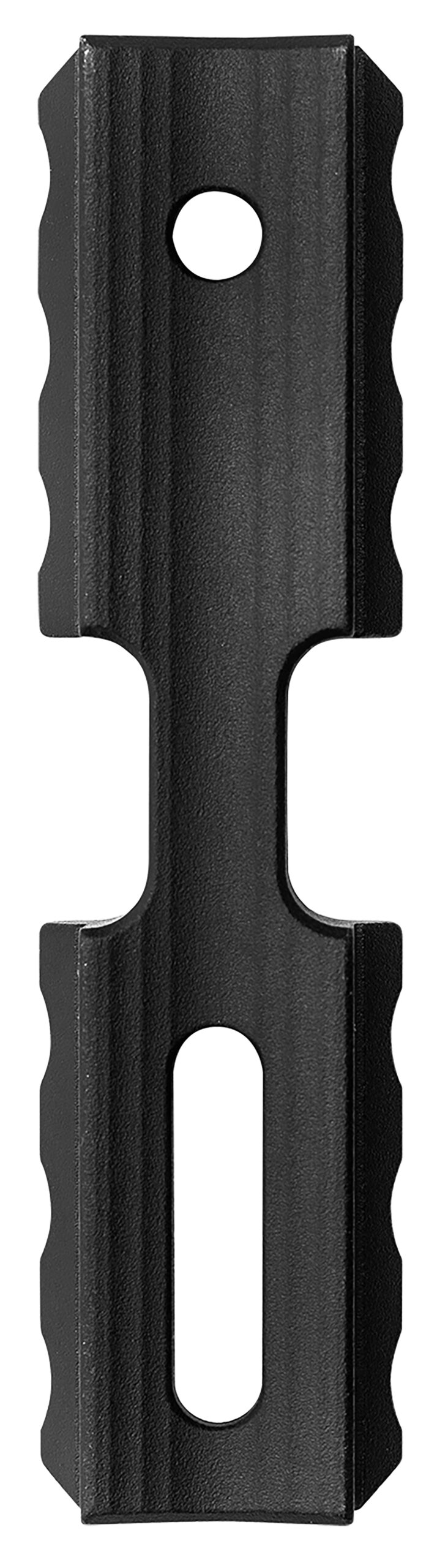 Black metal mounting bracket with holes and slot