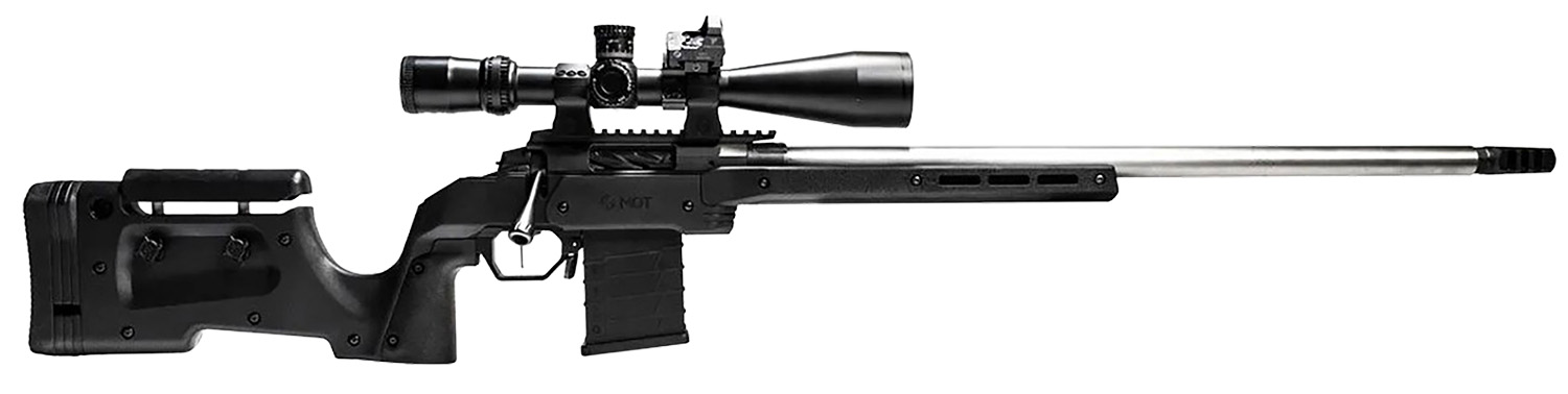 Black bolt-action sniper rifle with scope