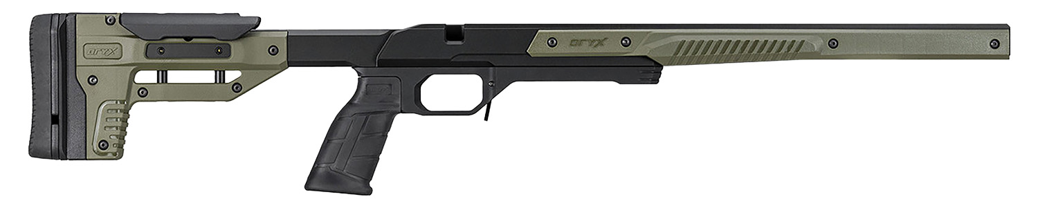 Olive green precision rifle chassis on white background