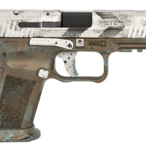 Weathered Canik semi-automatic pistol on white background