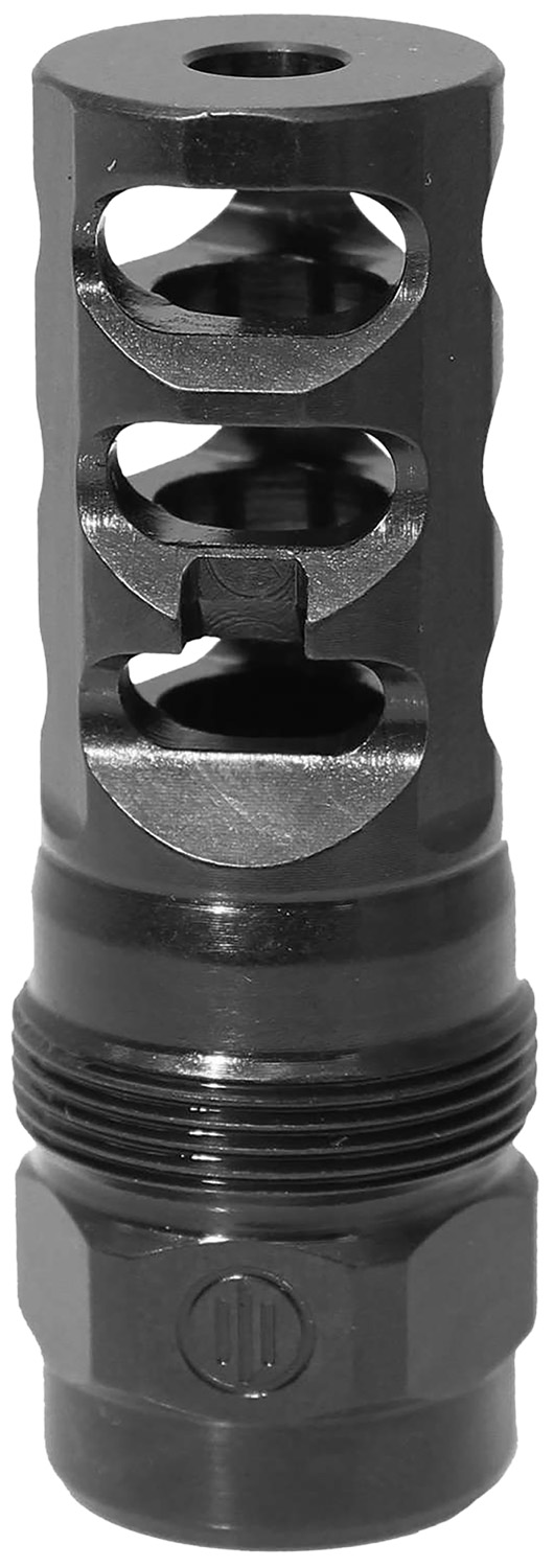 Black metal muzzle brake with side ports