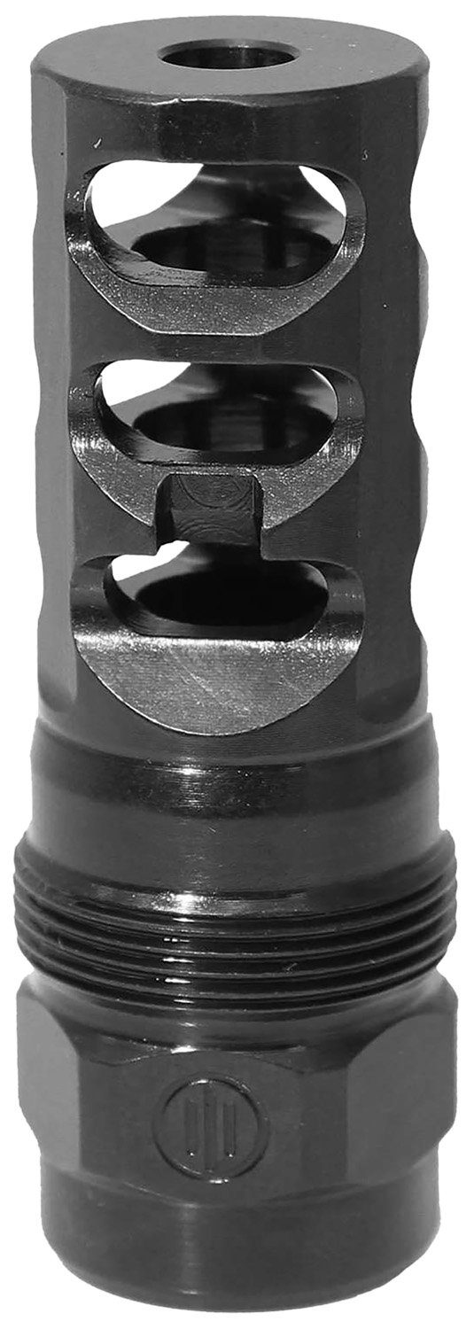 Black metal firearm muzzle brake with side ports