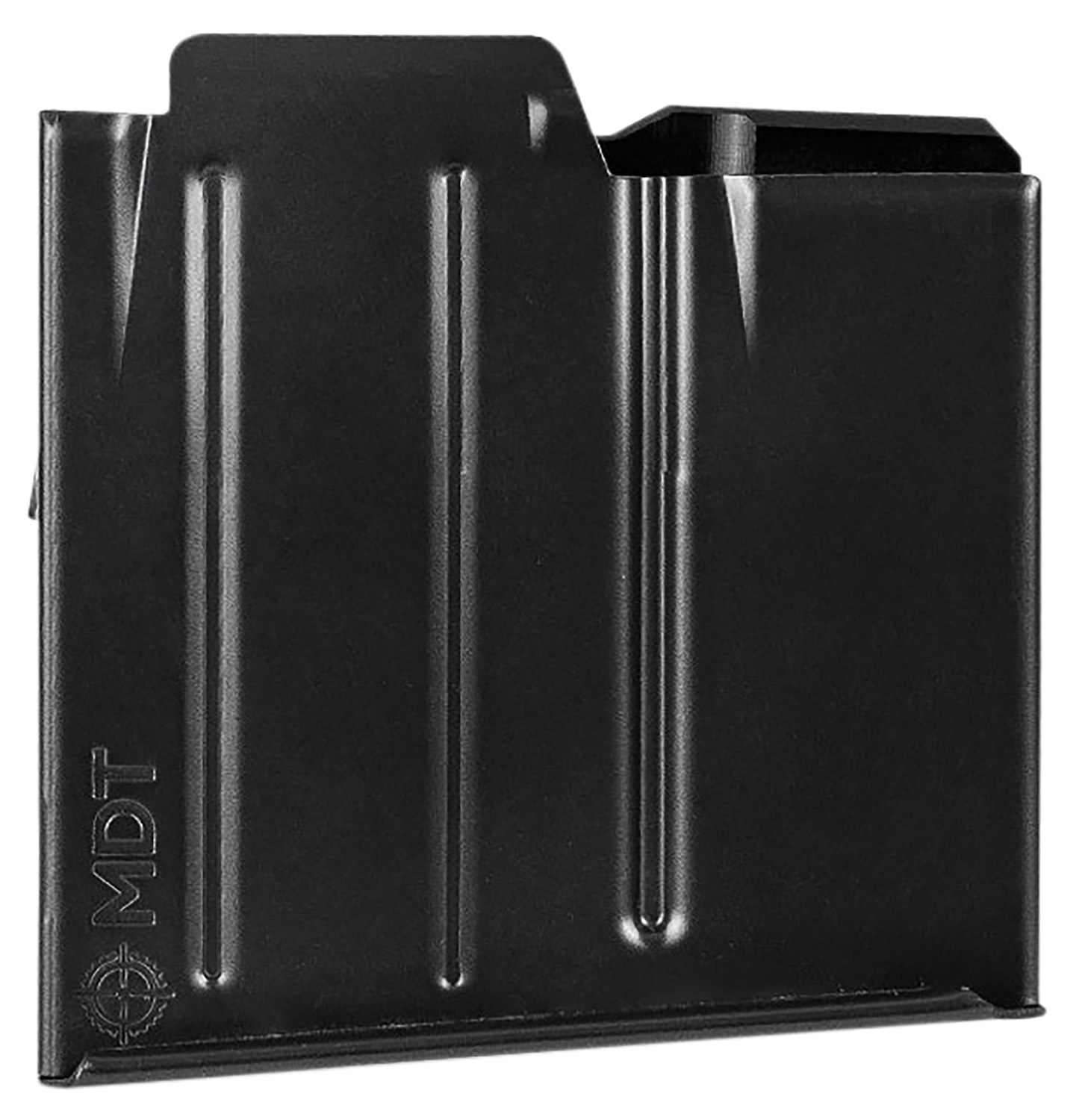 Black metal rifle magazine with MDT logo