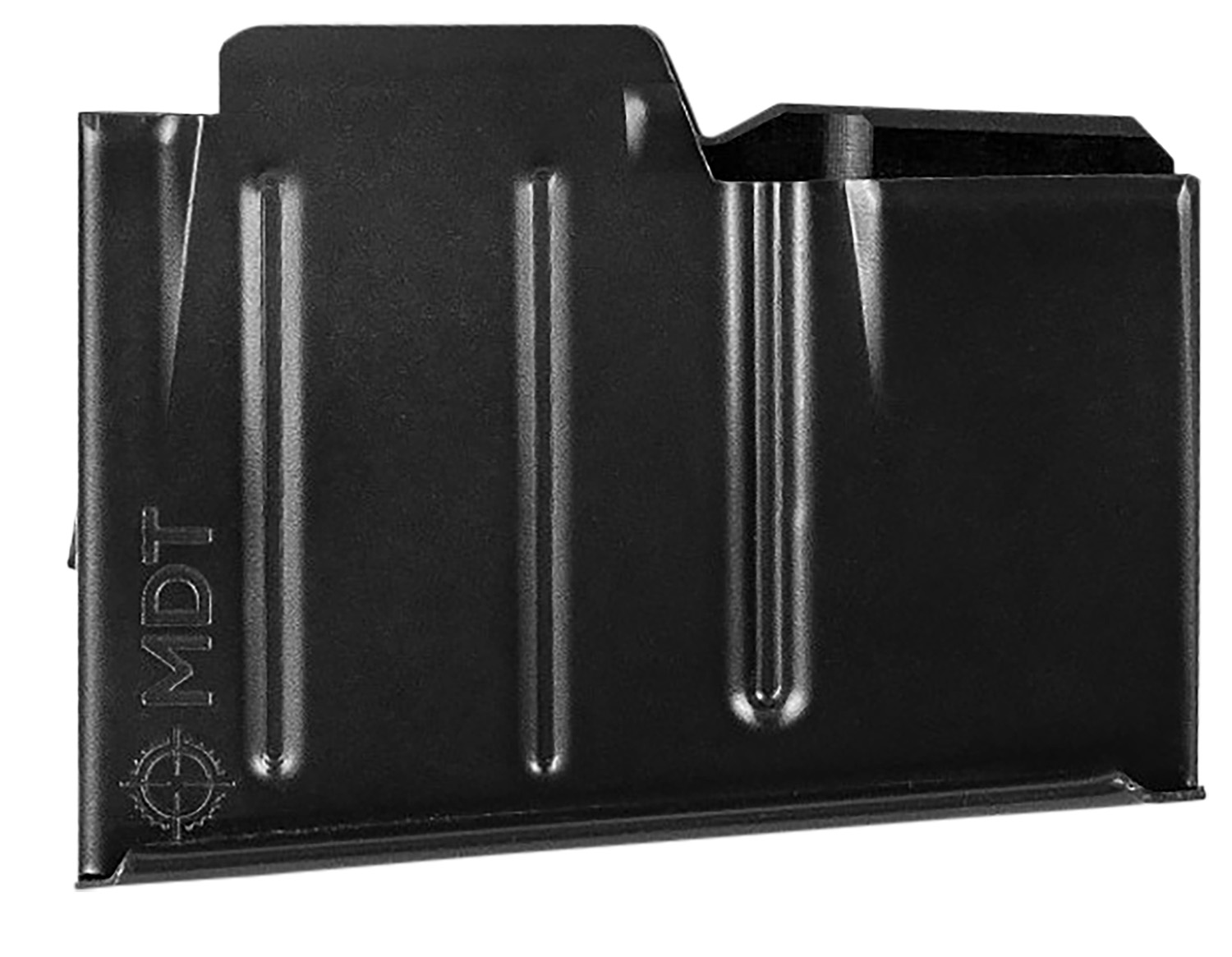 Black metal rifle magazine with MDT logo