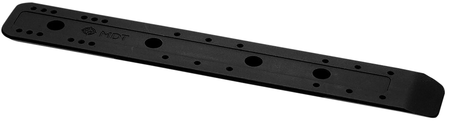 Black metal mounting rail with multiple holes
