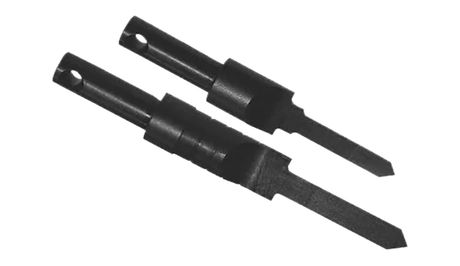 Two black metal chisel drill bits