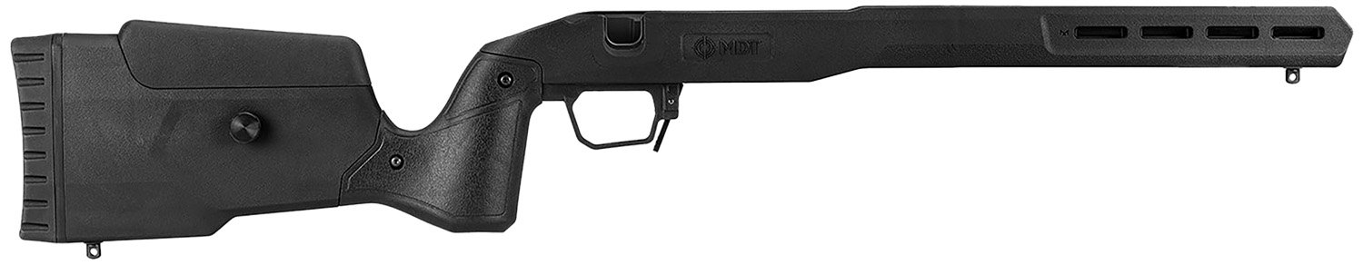 Black tactical-style rifle with synthetic stock