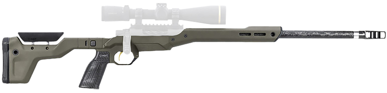 Modern bolt-action rifle with scope and green stock