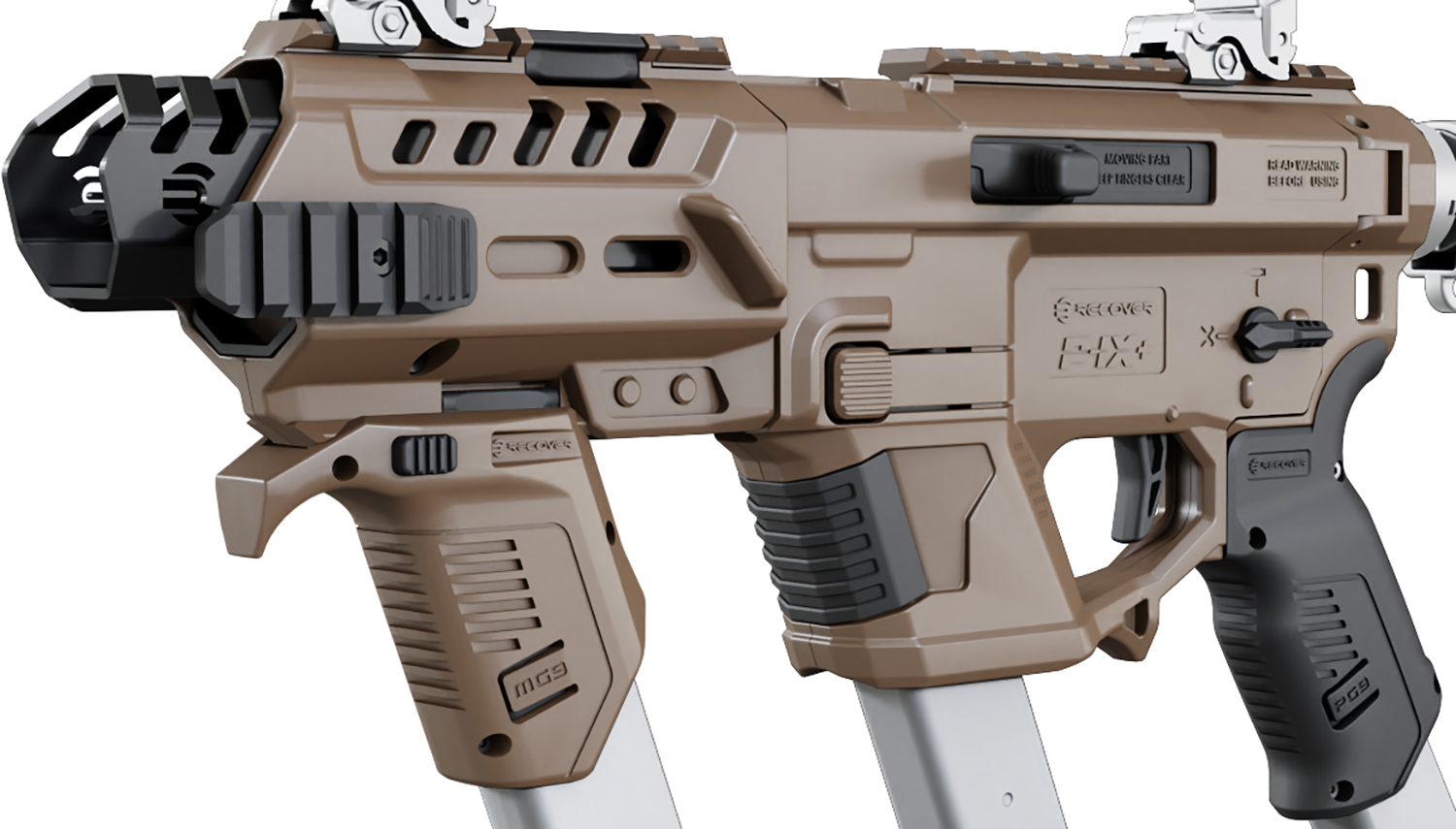 Tan tactical firearm with foregrip and extended magazine