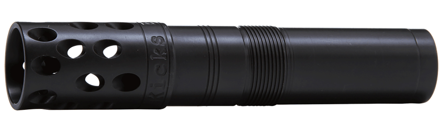 Black cylindrical firearm suppressor with vented muzzle end