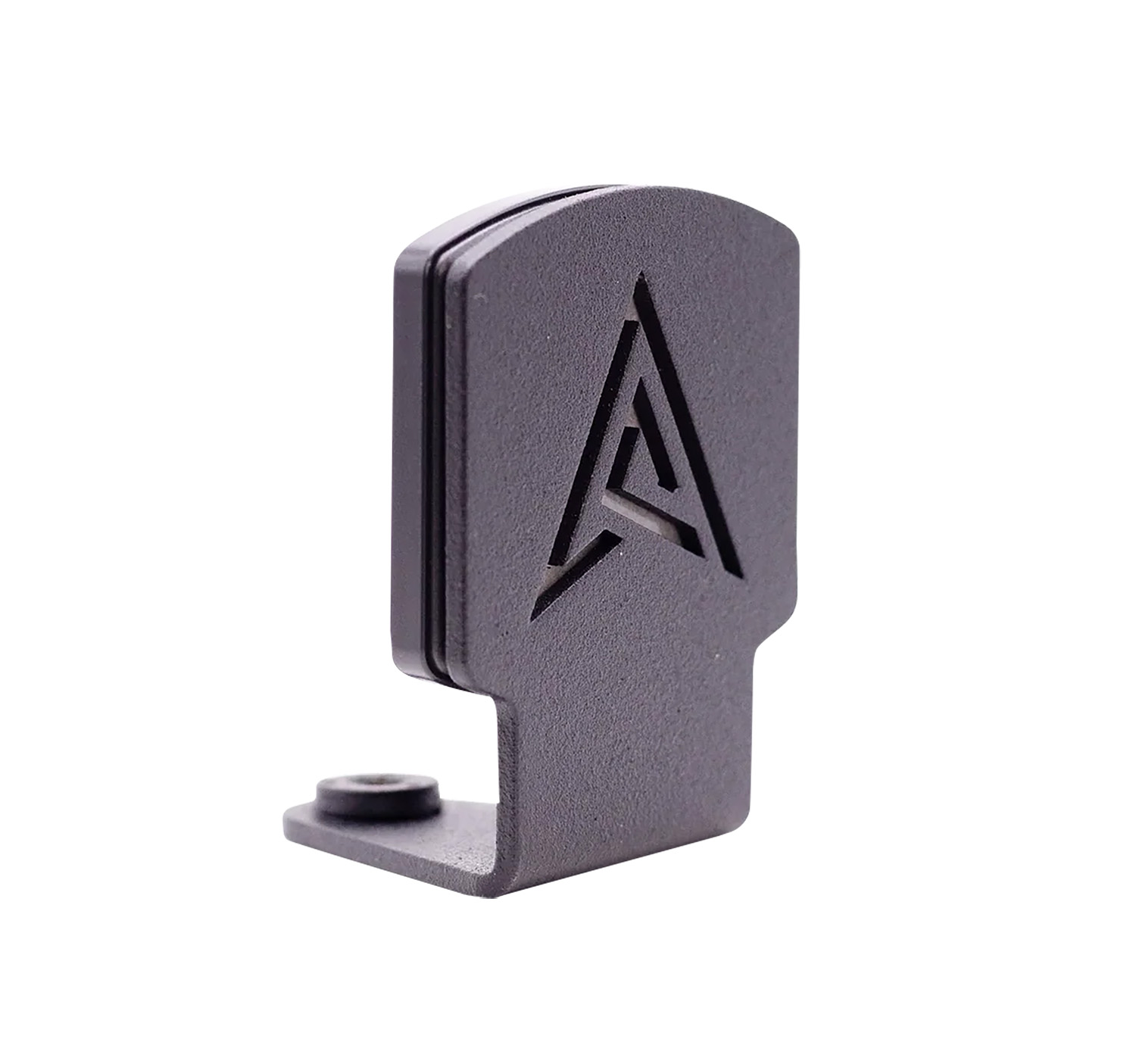 Gray metal mounting bracket with stylized A logo