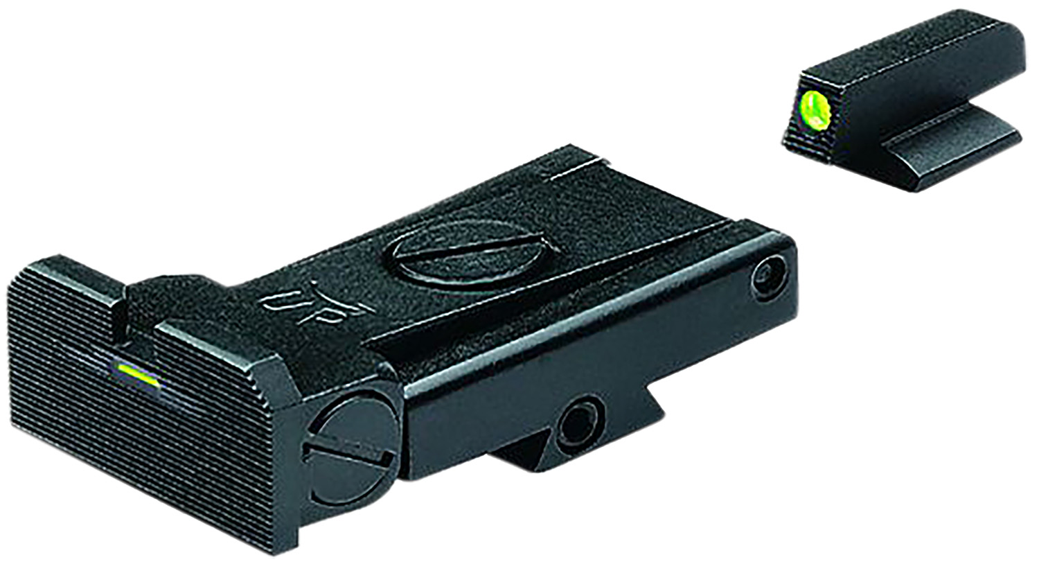 Black adjustable handgun sights with green fiber optics