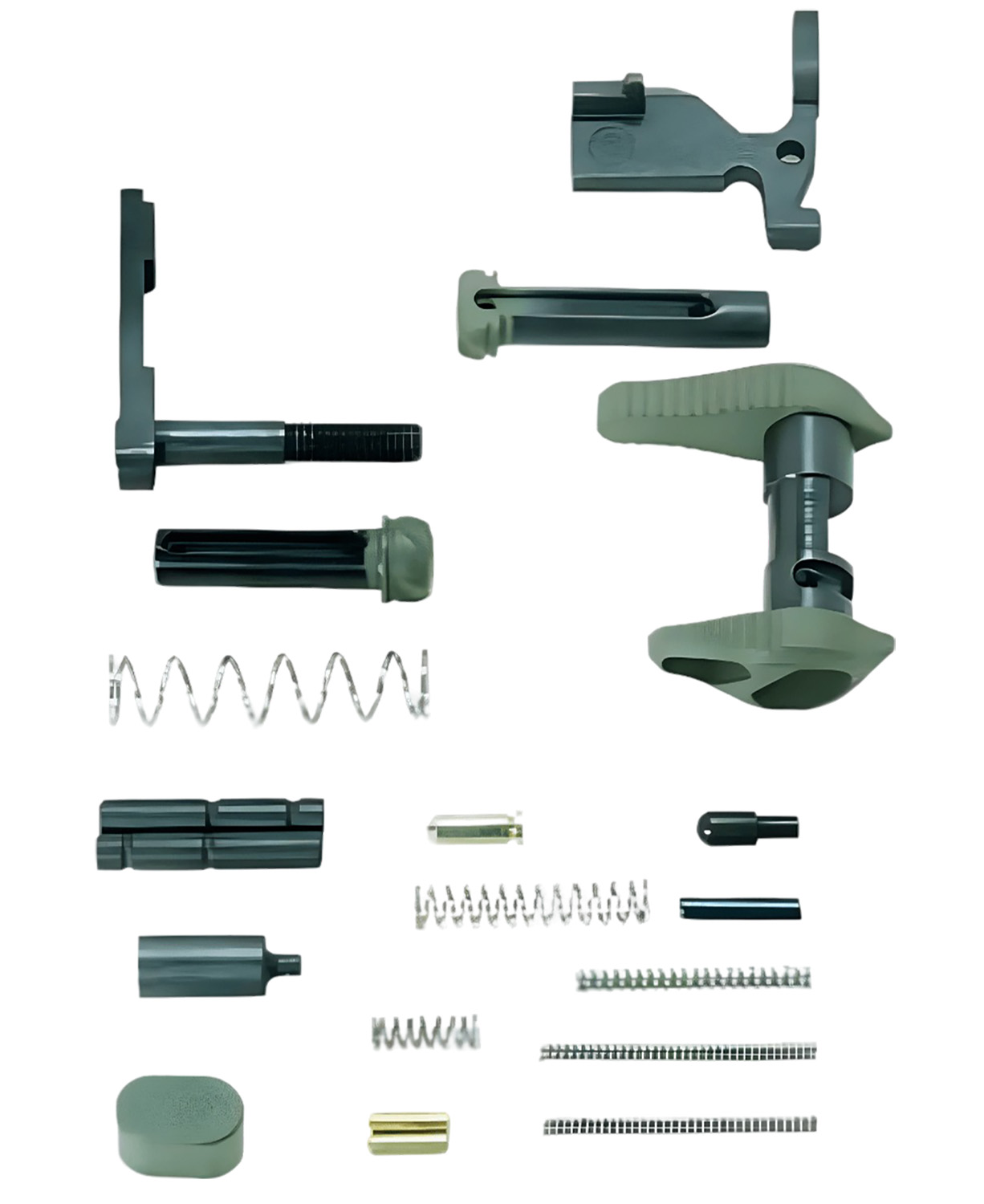 Disassembled handgun components arranged on white background
