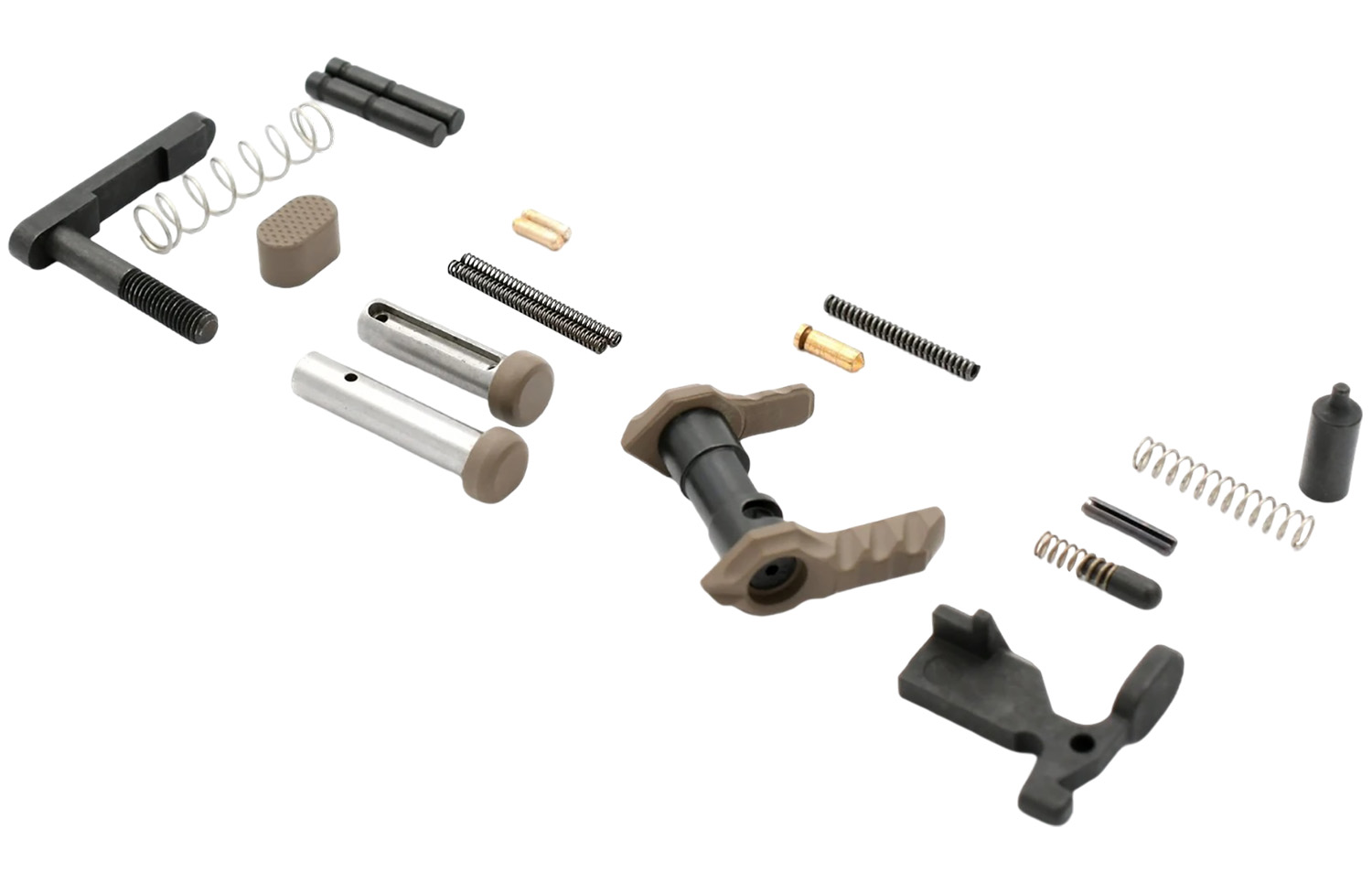 Disassembled firearm components arranged on white background