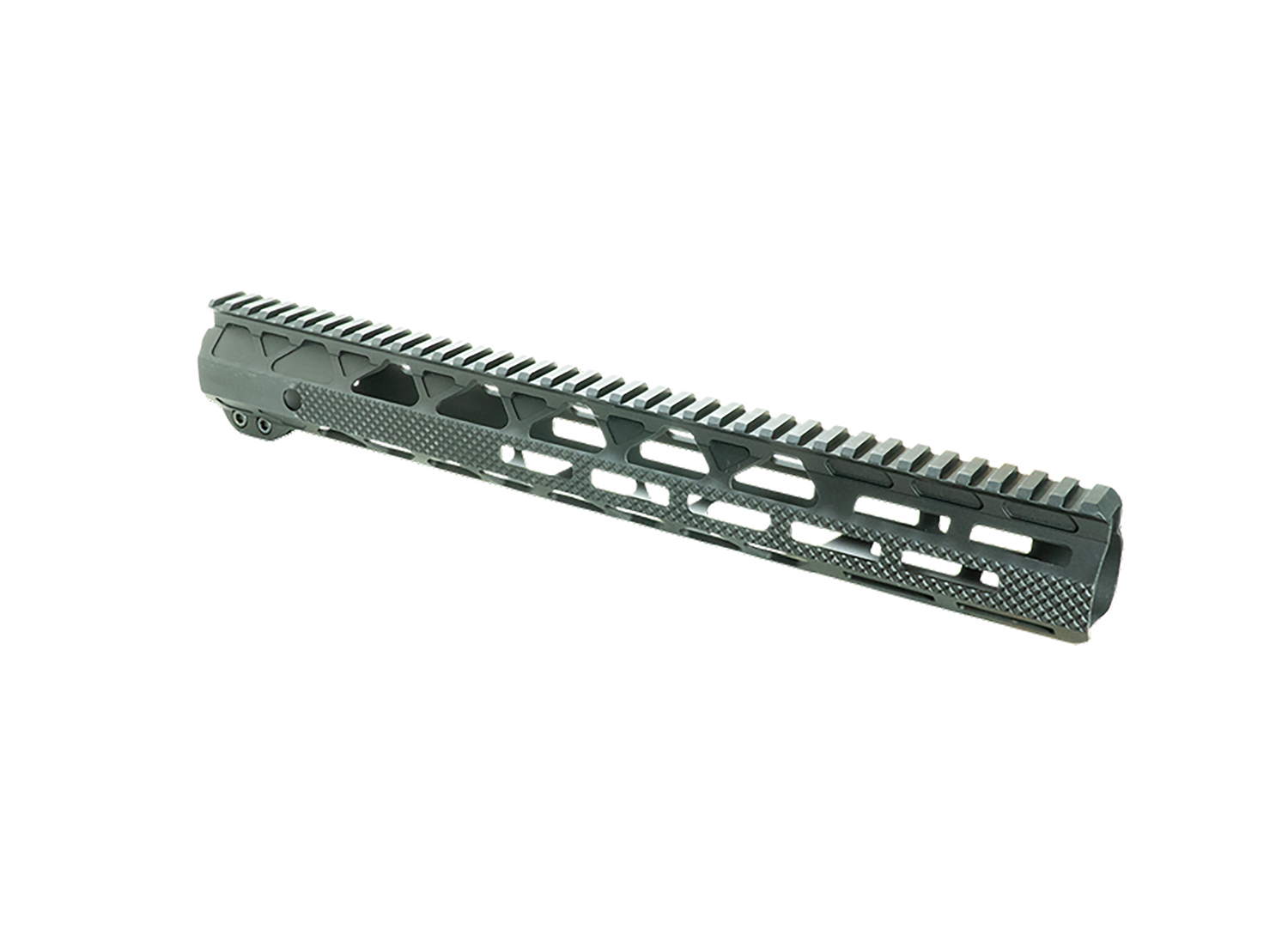 Black aluminum rifle handguard with top rail