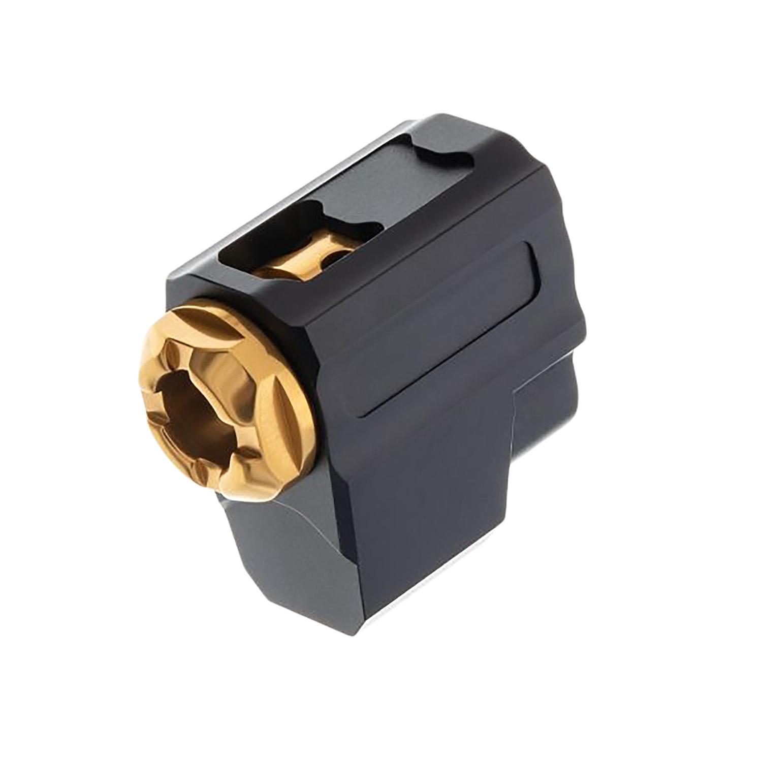 Black and gold metal muzzle device component