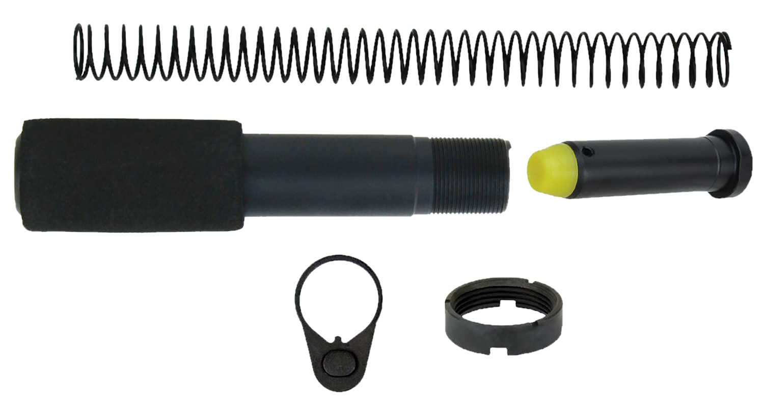 Firearm buffer tube kit components on white background