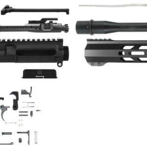 Disassembled AR-15 rifle parts on white background