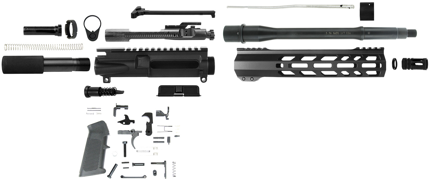 Disassembled AR-15 rifle parts on white background