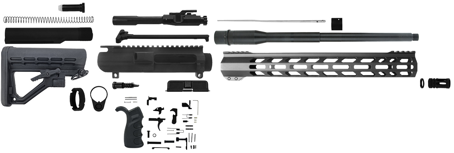Disassembled AR-15 rifle parts on white background